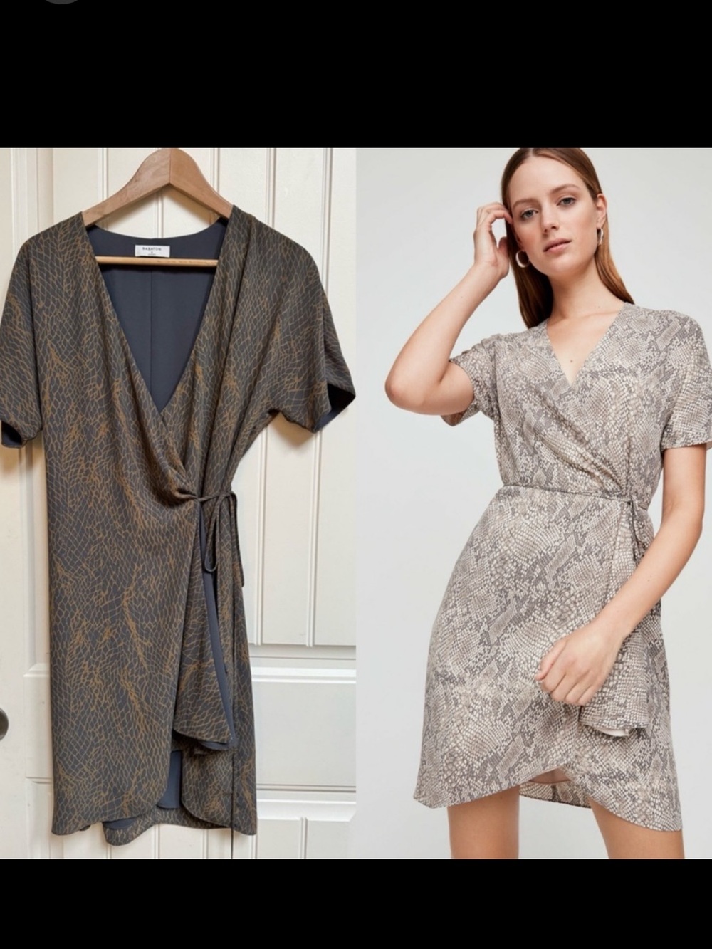 Babaton Wallace Orange & Grey Snakeskin Print Short Sleeve Wrap Dress. Size S